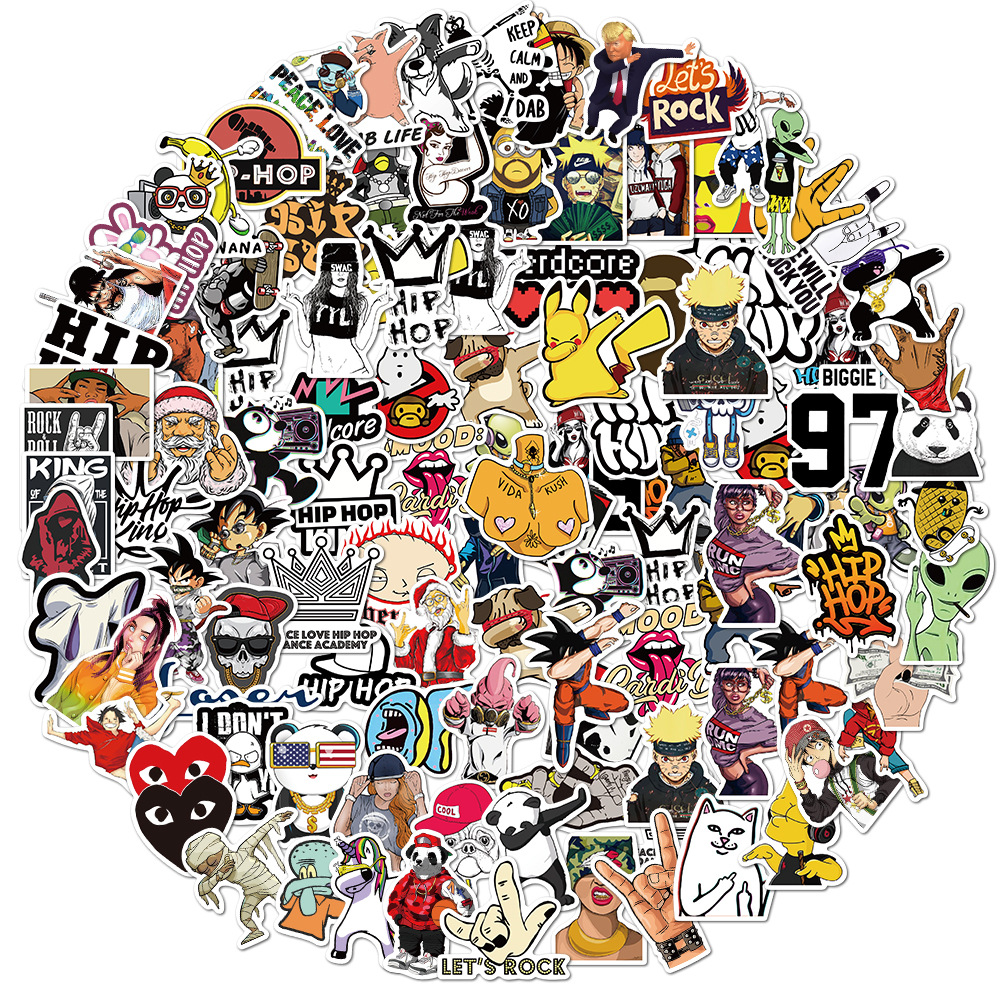 100张潮牌嘻哈rock风涂鸦贴纸装饰行李箱吉他不留胶防水贴纸批发