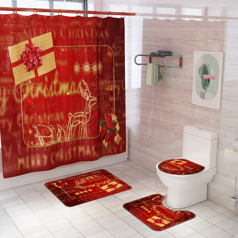 Hot Exclusive for Cross-Border Christmas Element Printing Toilet Floor Mat Four-Piece Set Christmas Gift Box Waterproof Shower Curtain DIY Pattern