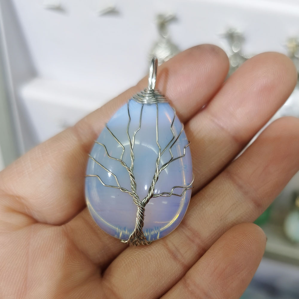 手工铜丝白k银色绕线天然石水滴项链吊坠 生命树挂坠速卖通货源