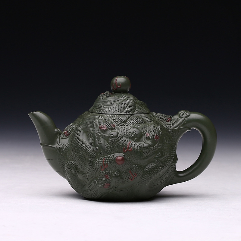 宜兴紫砂茶壶全手工茶具 正品名家 原矿民国绿泥 王红娟 九龙戏珠