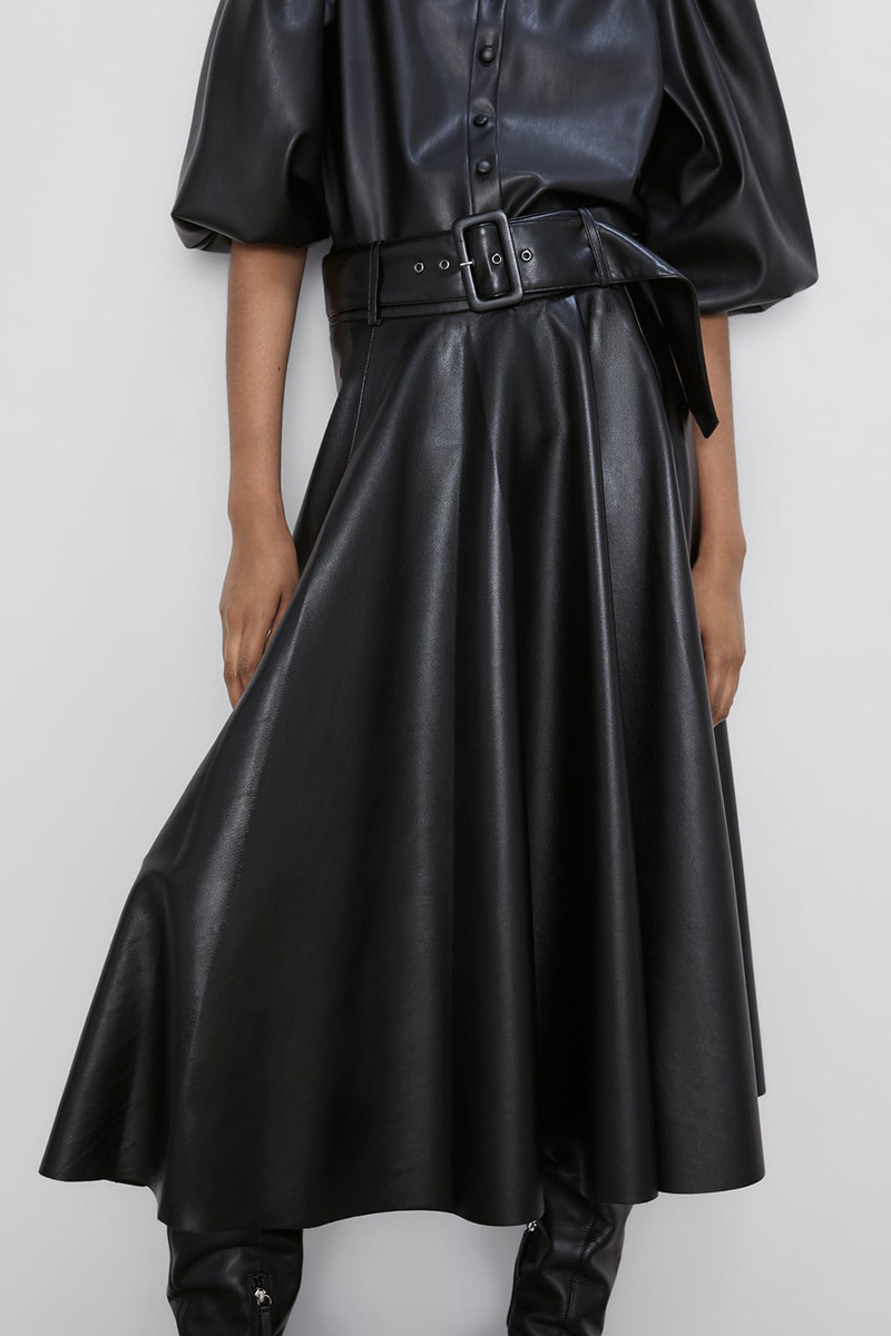 欧单秋冬季新款女装黑色配腰带仿皮裙子气质显瘦pu半身裙潮