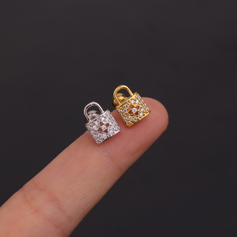 Cross-Border New Arrival Zircon Ear Bone Stud Stainless Steel Threaded Key Stud Earrings for Women Korean Creative Personality Ear Rings