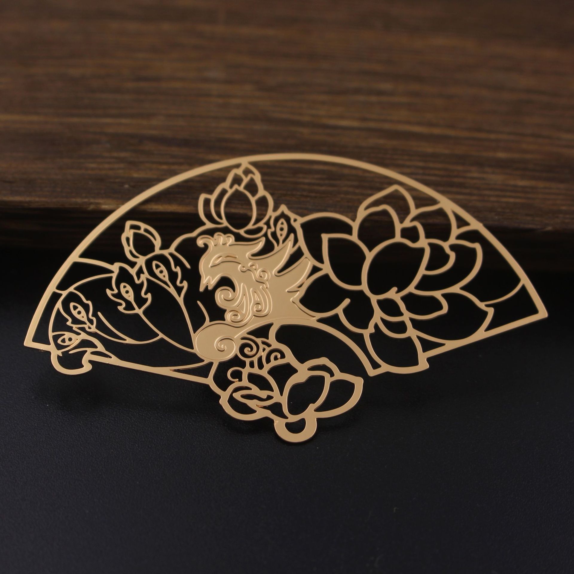 古风书签金色荷花铜片 扇形书签镂空流苏黄铜礼品古典中国风