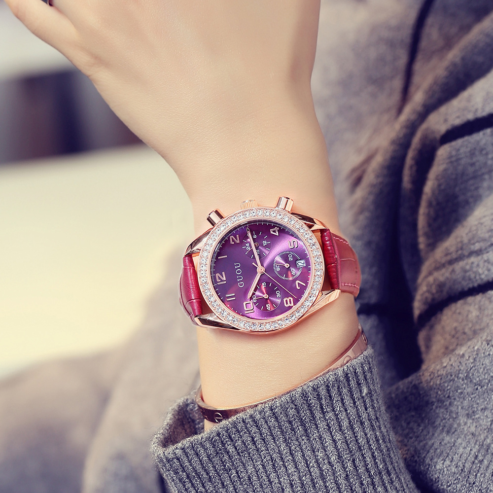古欧guou女士手表多功能三眼带日历欧美石英大表盘水钻时尚手表女