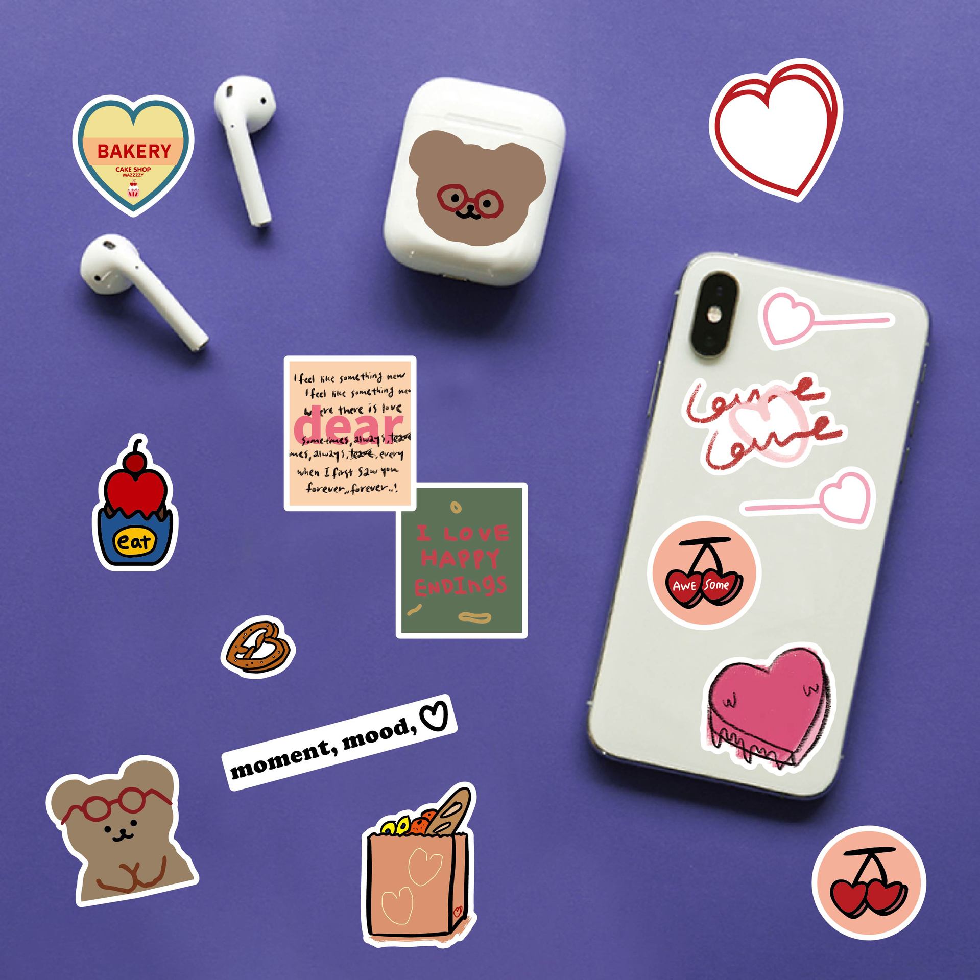 韩国ins小熊樱桃爱心面堡可爱少女心手账素材装饰贴纸贴画