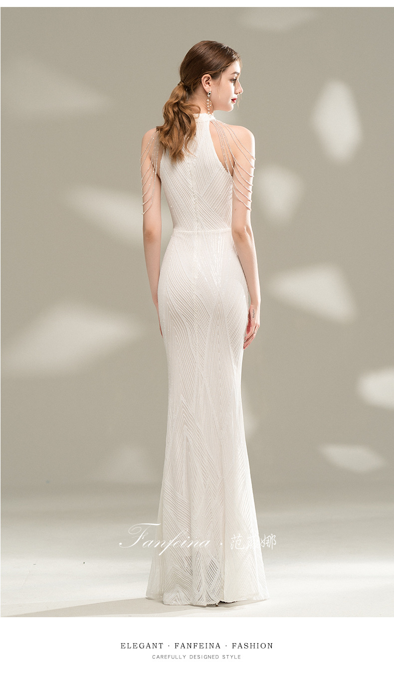 大气晚礼服裙女白色轻奢宴会年会气质主持人长款名媛流苏鱼尾修身