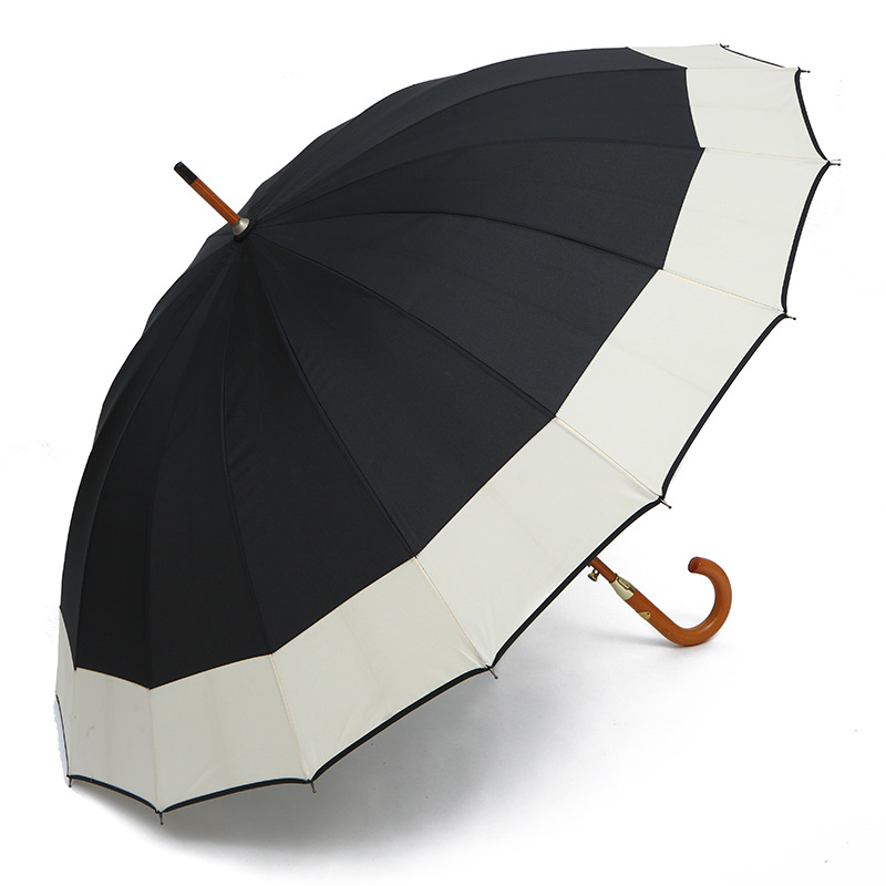 Retro Wood Umbrella Rib Curved Handle Self-Opening Umbrella 68 Cm16 Bone Stitching Pull Edge Simple Long Handle Umbrella Large Wholesale