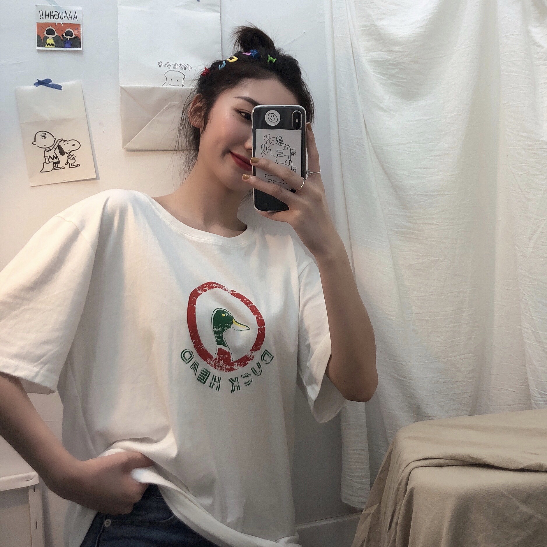 复古港风短袖t恤女宽松卡通ins韩版潮学生慵懒原宿bf风半袖上衣服