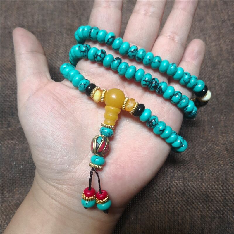 厂家直销优化绿松石手串算盘珠搭配蜜蜡天眼桶珠108颗手链