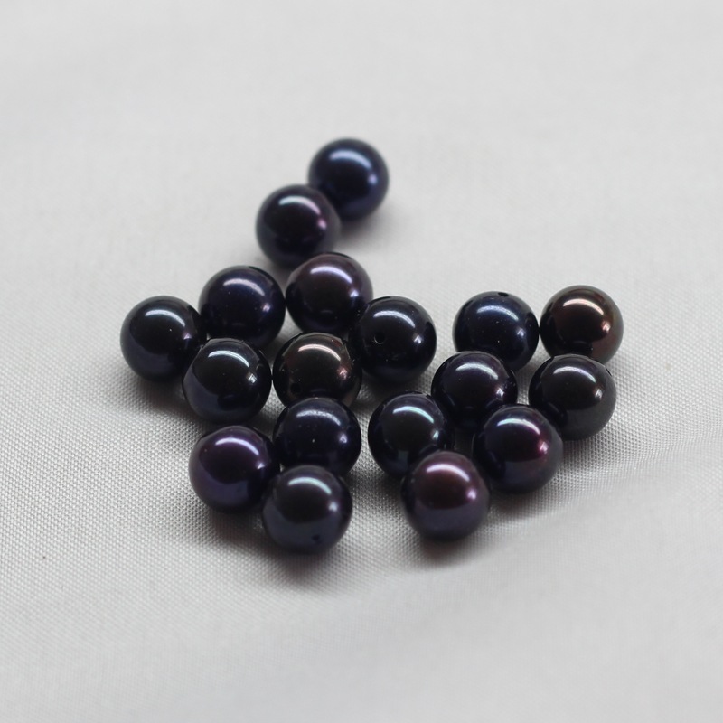 淡水珍珠染色珍珠7.5-8mm圆珍珠黑色亮裸珠半孔