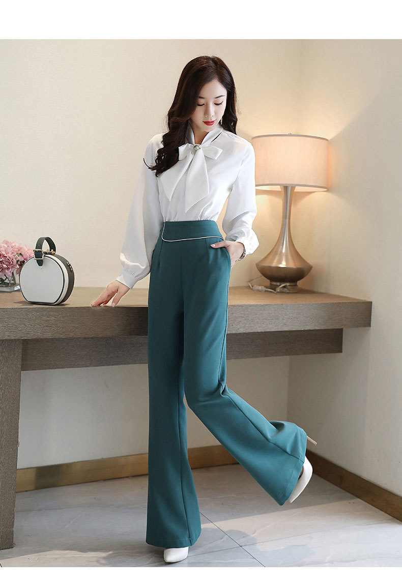 2020秋装新款缎面雪纺衫长袖两件套高腰微喇裤子修身时尚套装女潮