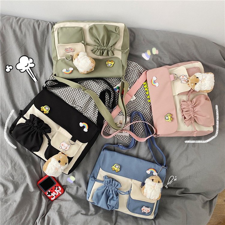 Japanese Ulzzang College Style Fresh Creative Drawstring Contrast Color Cute Student Class Bag Messenger Bag Women's Bag