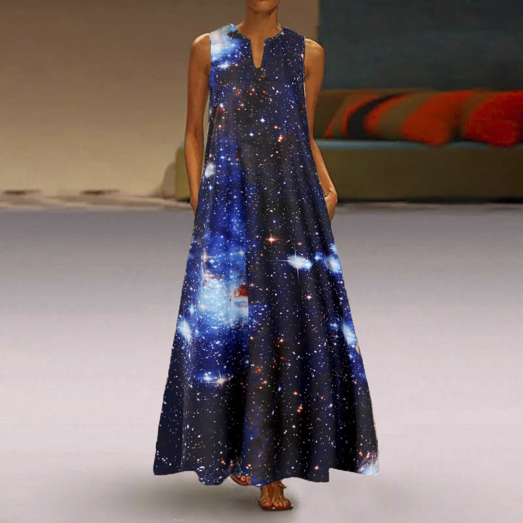 3d星空印花连衣裙 欧美亚马逊wish夏季新款女装 棉质大码无袖长裙