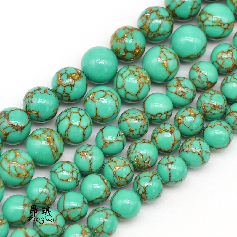 厂家直销 天然石新款金线松散珠 diy金线绿松石混合圆珠配件跨境