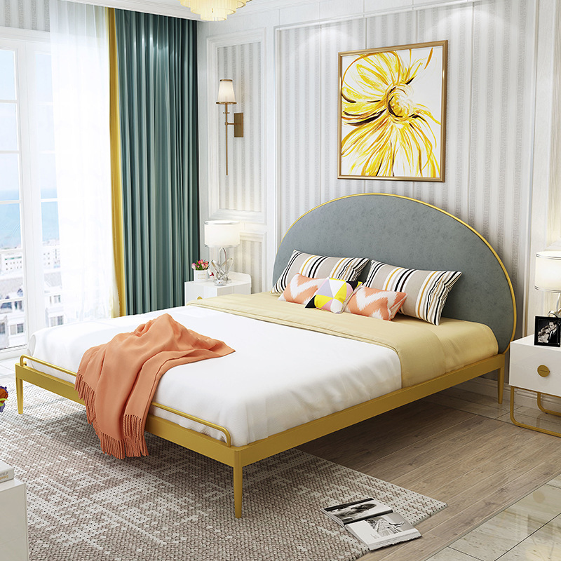 北欧风铁艺床半圆软包靠背1.5米1.8米双人床轻奢金色公主床铁架床