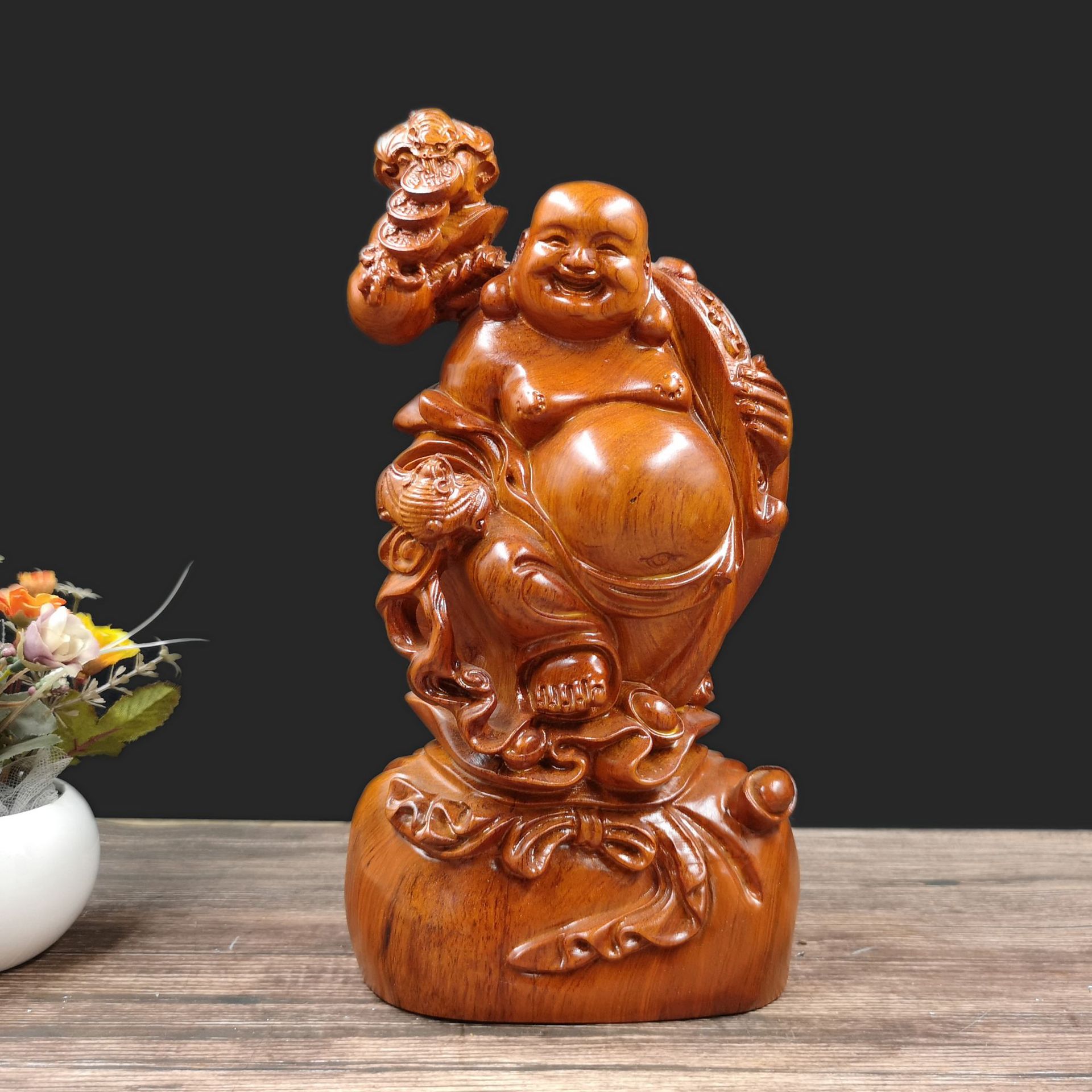 花梨木雕有福弥勒佛摆件实木质布袋如意笑佛家居创意装饰工艺礼品
