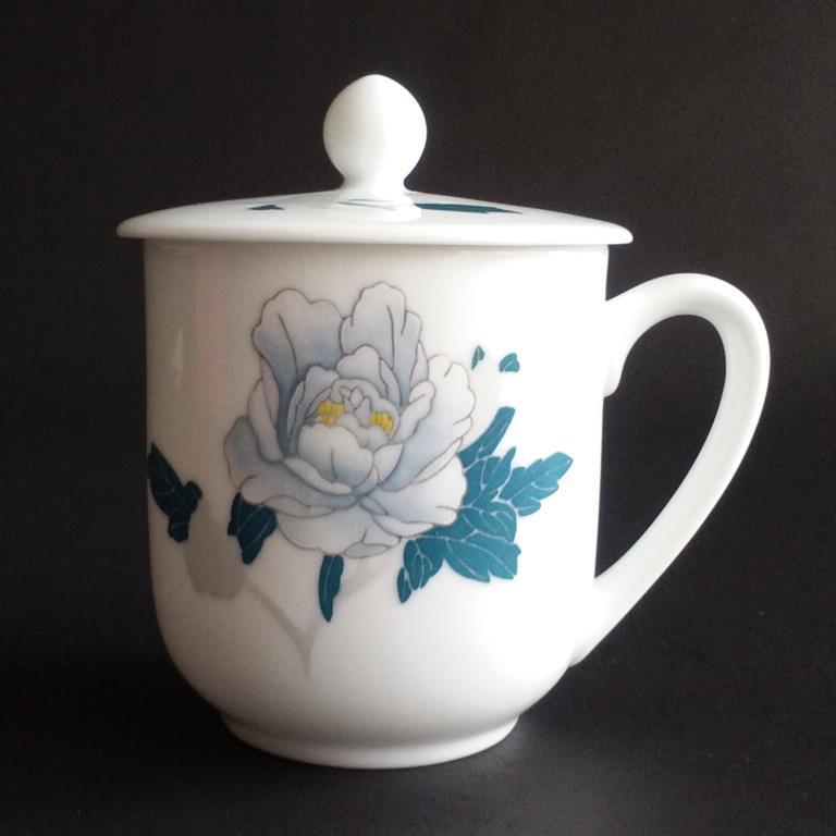 醴陵釉下彩高档陶瓷杯大会堂会议杯子胜利杯厚款白牡丹人大杯茶杯