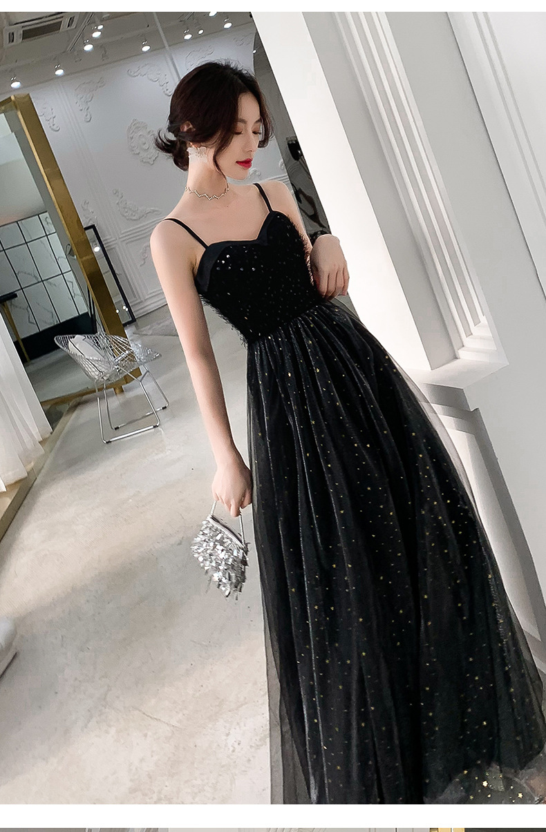 宴会晚礼服长款黑色气场女王吊带星空端庄名媛生日派对聚会连衣裙