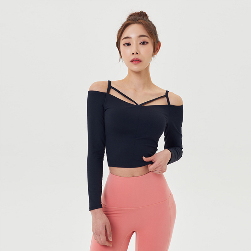 Autumn and Winter New Strapless Sexy Running Long Sleeve Blouse Cross-Border Yoga Clothes Sports Fitness Top Navel-Exposed Tights