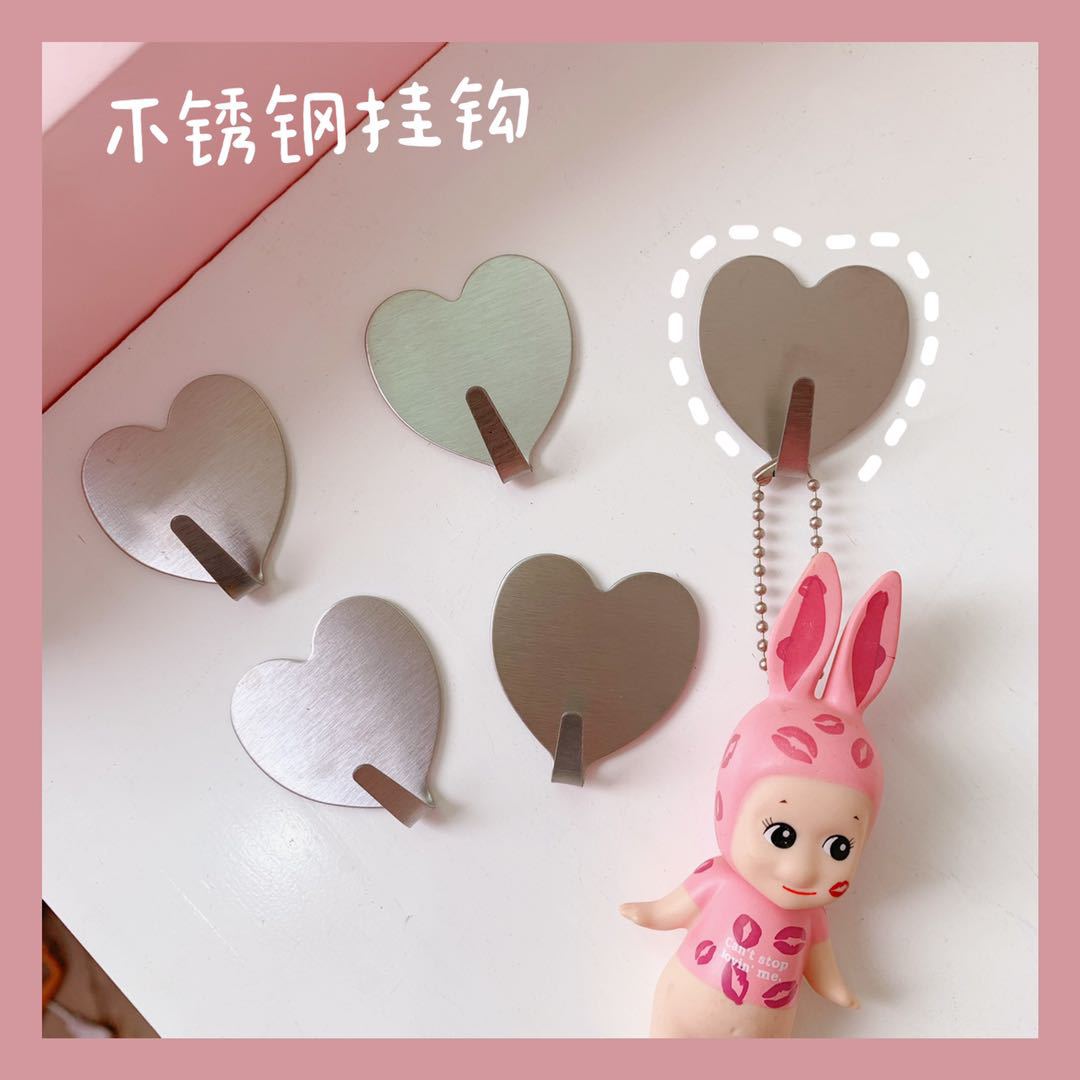 Korean Style New Simple Home Creative Sticky Hook Love Heart Silver Stainless Steel Hook Room Seamless Decorative Hook