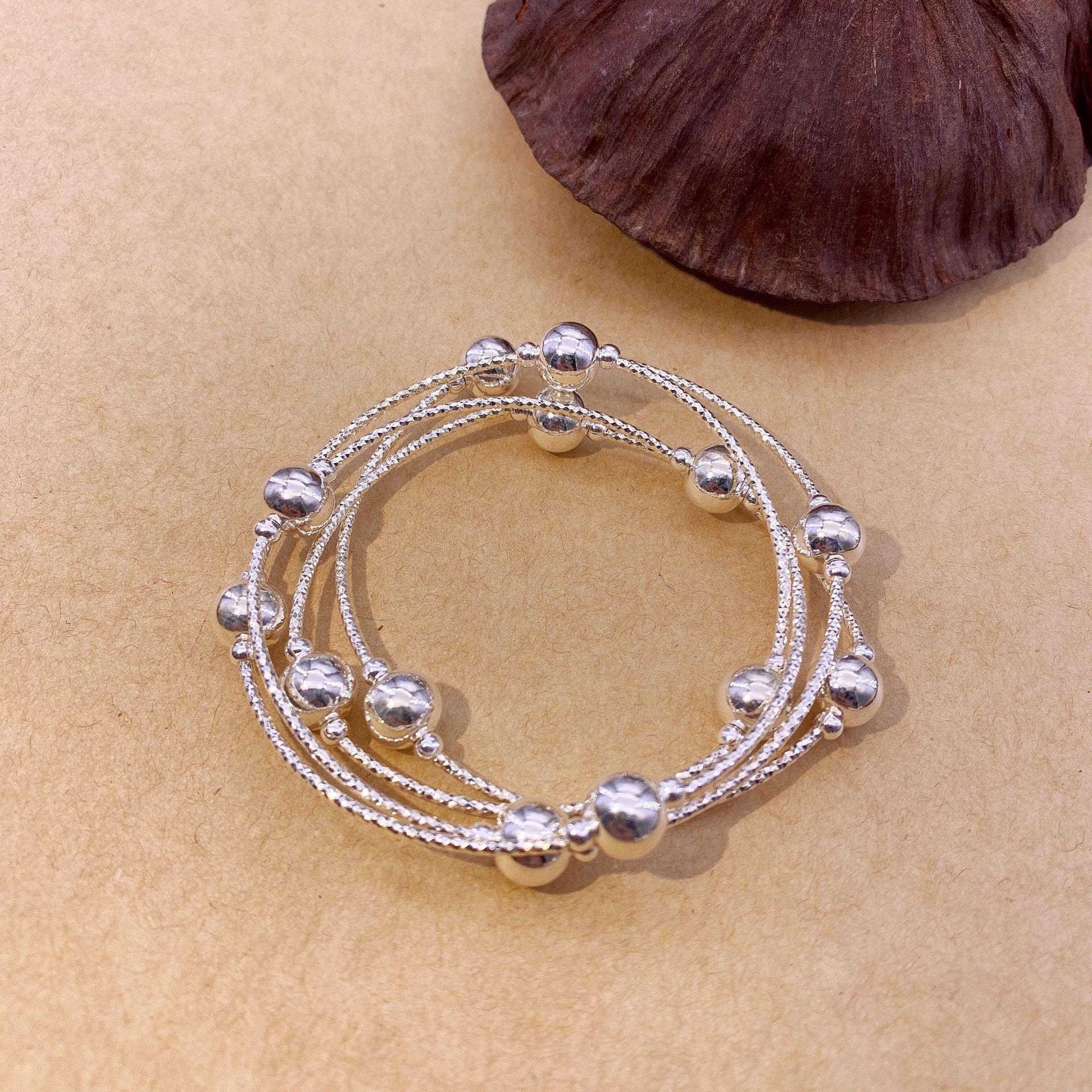 s925纯银车花弯管小球银珠子手链三圈银珠简约多圈原创diy串珠款