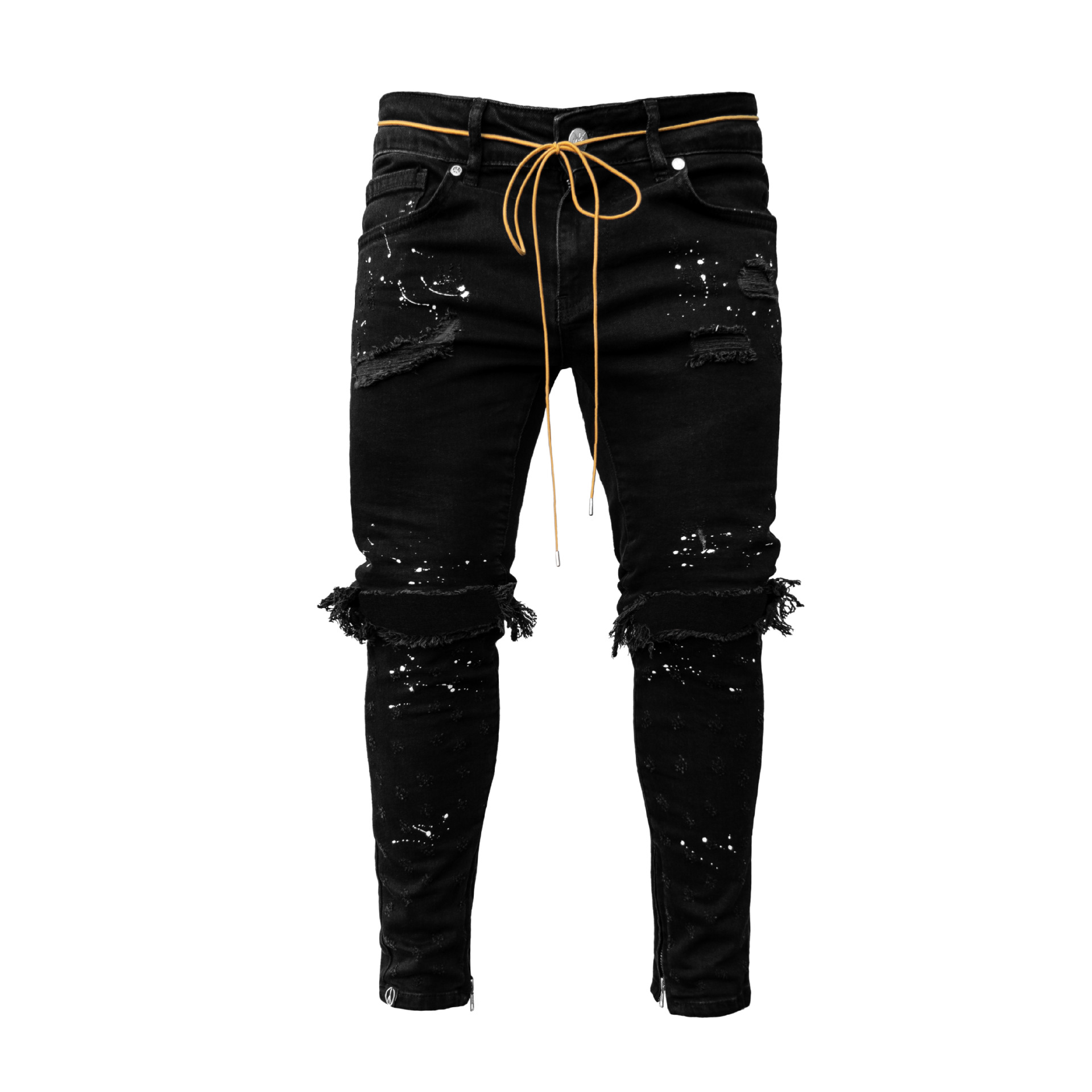 Wish European and American New Men's Slim Fit Ripped Ankle-Tied Pants New Men's Paint Jeans Factory Direct Sales