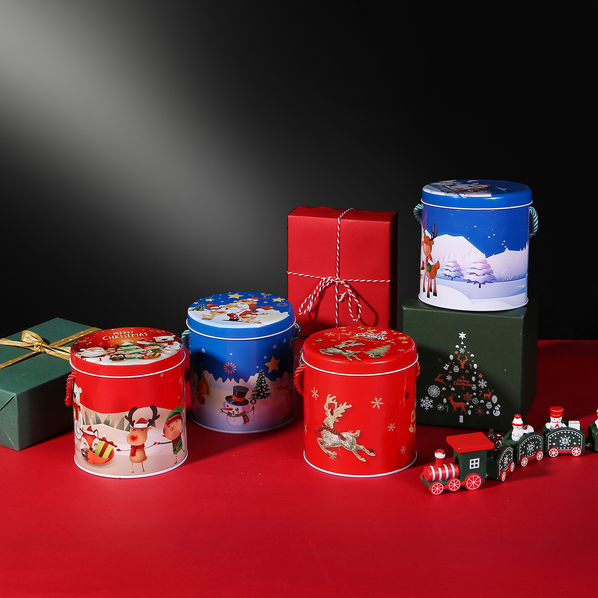马口铁盒手提金属罐圣诞节手提圆筒铁盒厂家定制加工logo图案尺寸