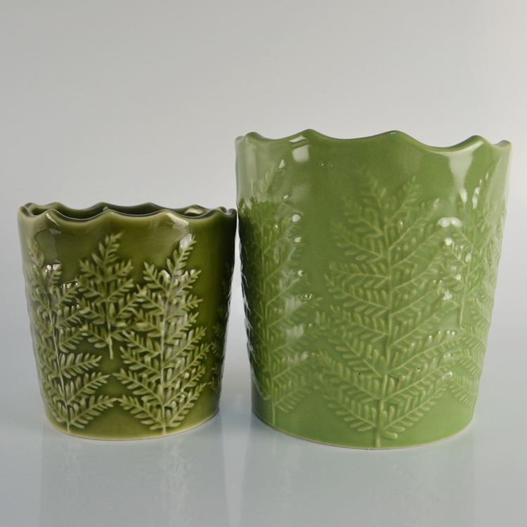 蜡烛罐台轻奢陶瓷花盆绿色浮雕叶子陶瓷容器 陶瓷收纳盆 家居摆件