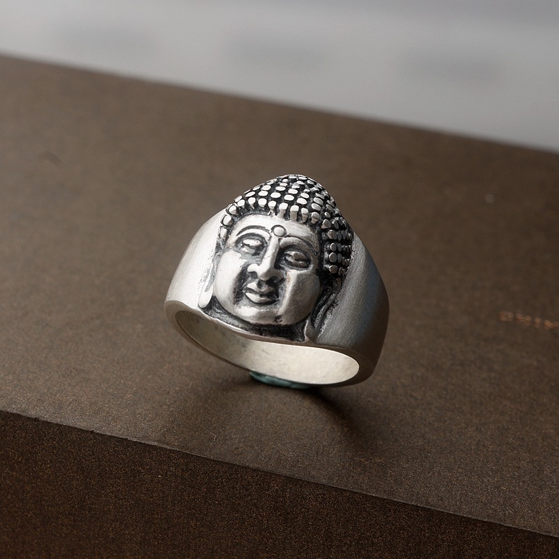 黑泰银饰 990足银佛教佛头戒指男女百搭 复古哑光纯银指环批发