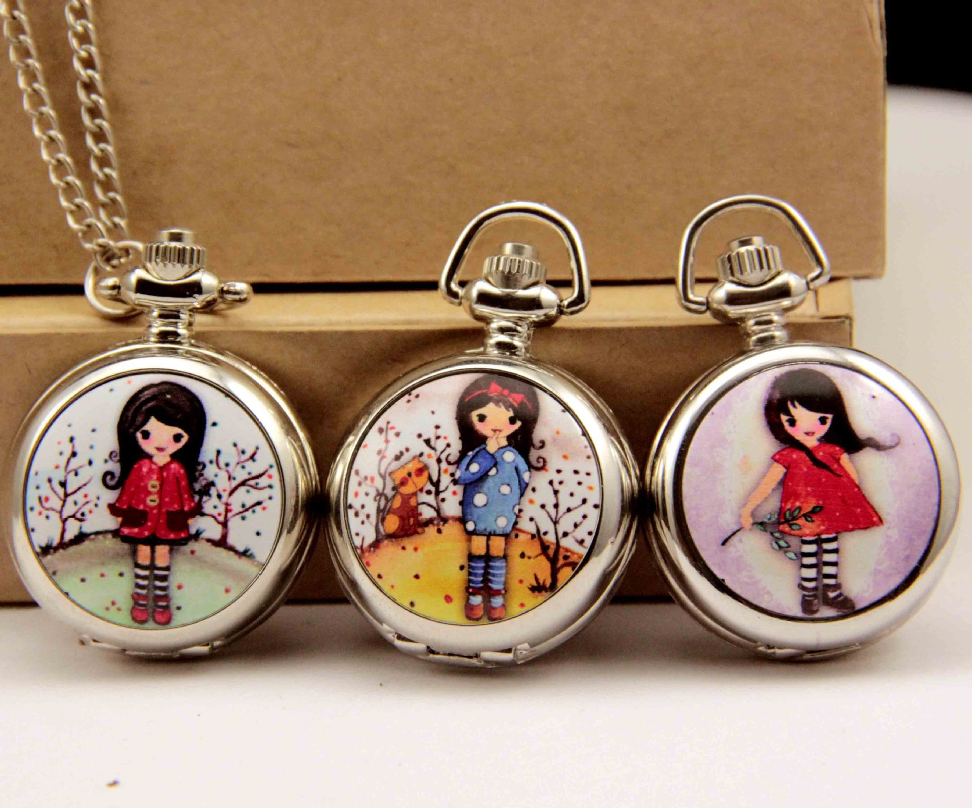 小女孩怀表格子铺礼品店小号搪瓷表内置镜子复古怀表