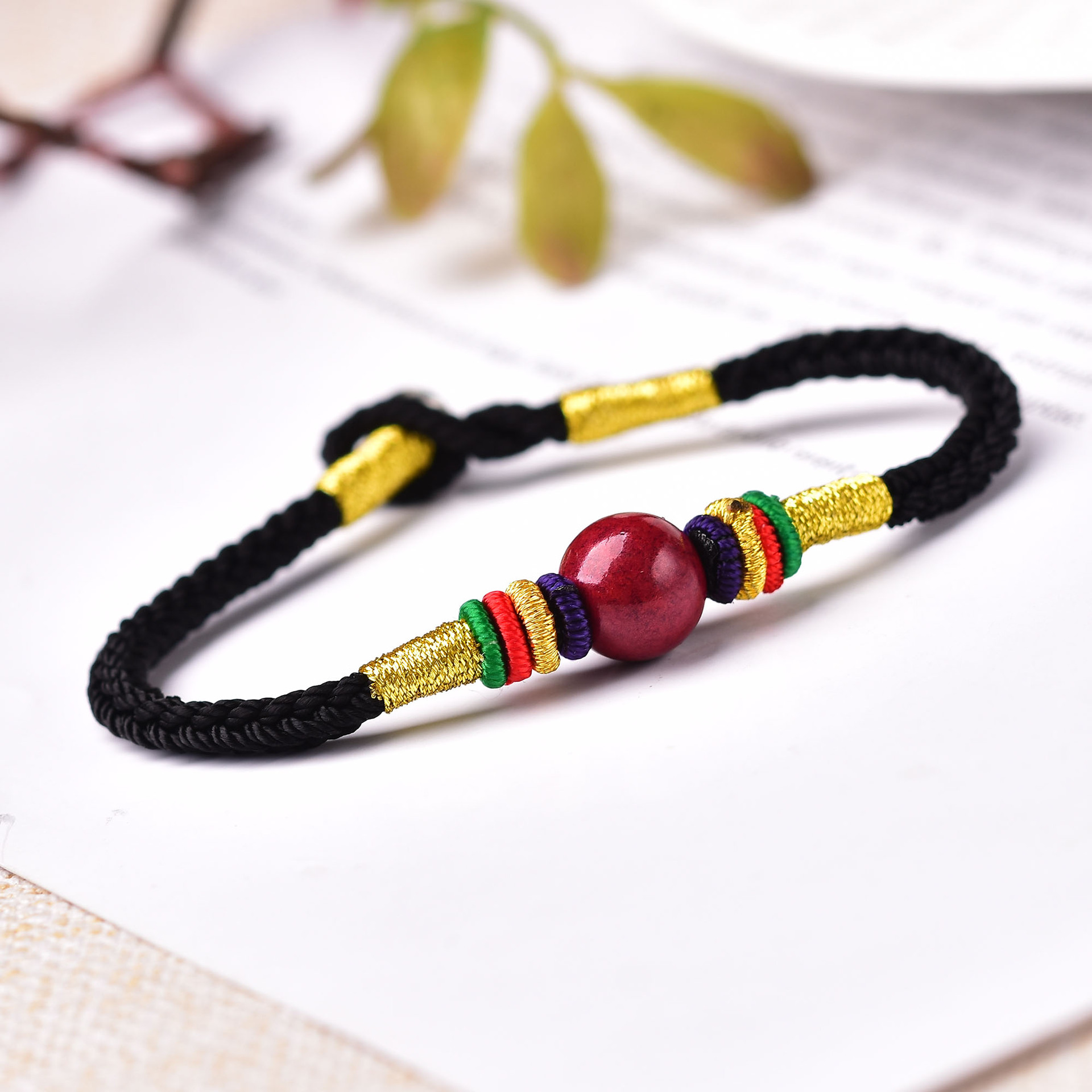 天然朱砂本命年红绳手链 手工编织四方结紫金砂圆珠情侣红绳手链