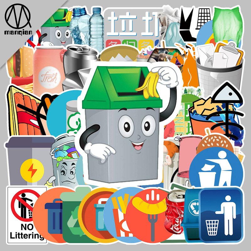 54张垃圾分类卡通涂鸦贴纸行李箱滑板车死飞自行车防水贴纸