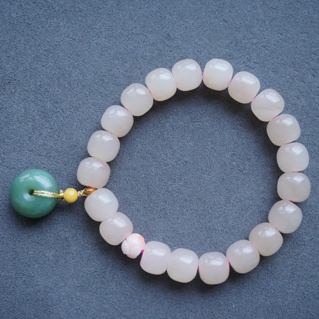 沁洛天然和田玉老藕粉老型珠手链冰透原创手串