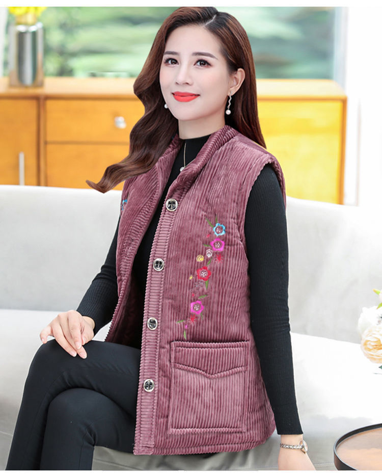 冬季中老年人背心加棉灯芯条绒马甲坎肩外套女士妈妈马夹加厚外穿