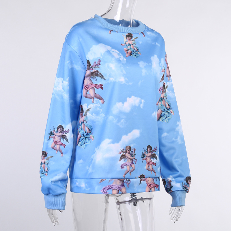 欧美2020秋季新款天使印花卫衣23436p性感圆领长袖设计感印花上衣