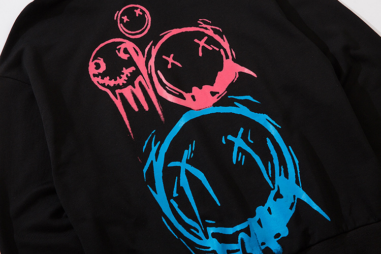 恶搞笑脸涂鸦印花长袖卫衣男士暗黑风丧系潮牌连帽衫宽松套头衫