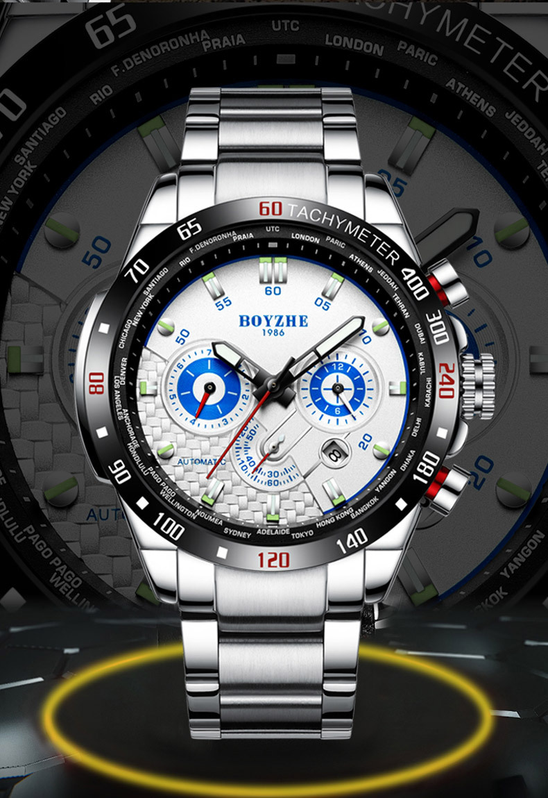 机械表-boyzhe博雅哲时尚夜色光多功能机械表运动风