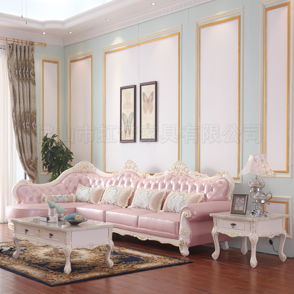 厂家直供长沙[ds866]欧式实木雕刻l型转角牛皮沙发 粉色公主沙发