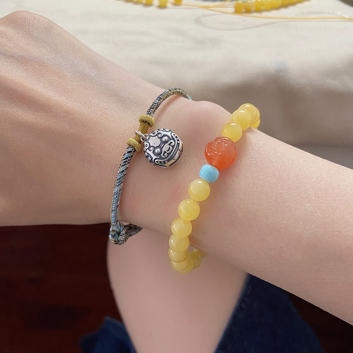 天然蜜蜡圆形珠单圈手链diy原创手工搭配松石南红佛头男女款清新