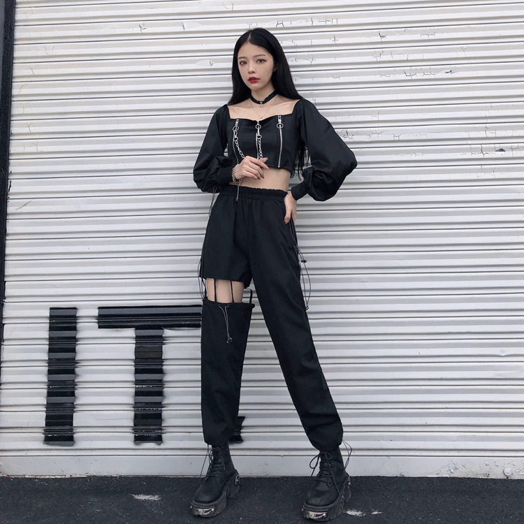 lisa同款裤破洞镂空裤子女宽松显瘦休闲嘻哈工装裤女束脚直筒高腰