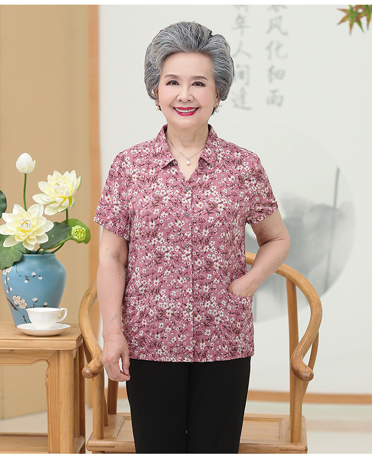 奶奶夏秋短袖中老年人小碎花薄棉衬衫女70岁老人衣服妈妈夏季上衣