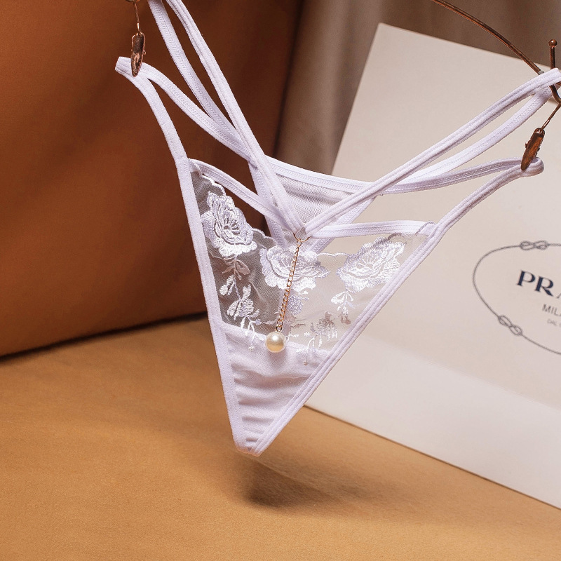 性感透视交叉细带女士内裤透明网纱刺绣珍珠诱惑丁字裤低腰 2243