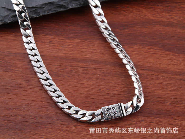 925银男士复古银项链批发纯银个性霸气潮男复古银挂链扁形板链