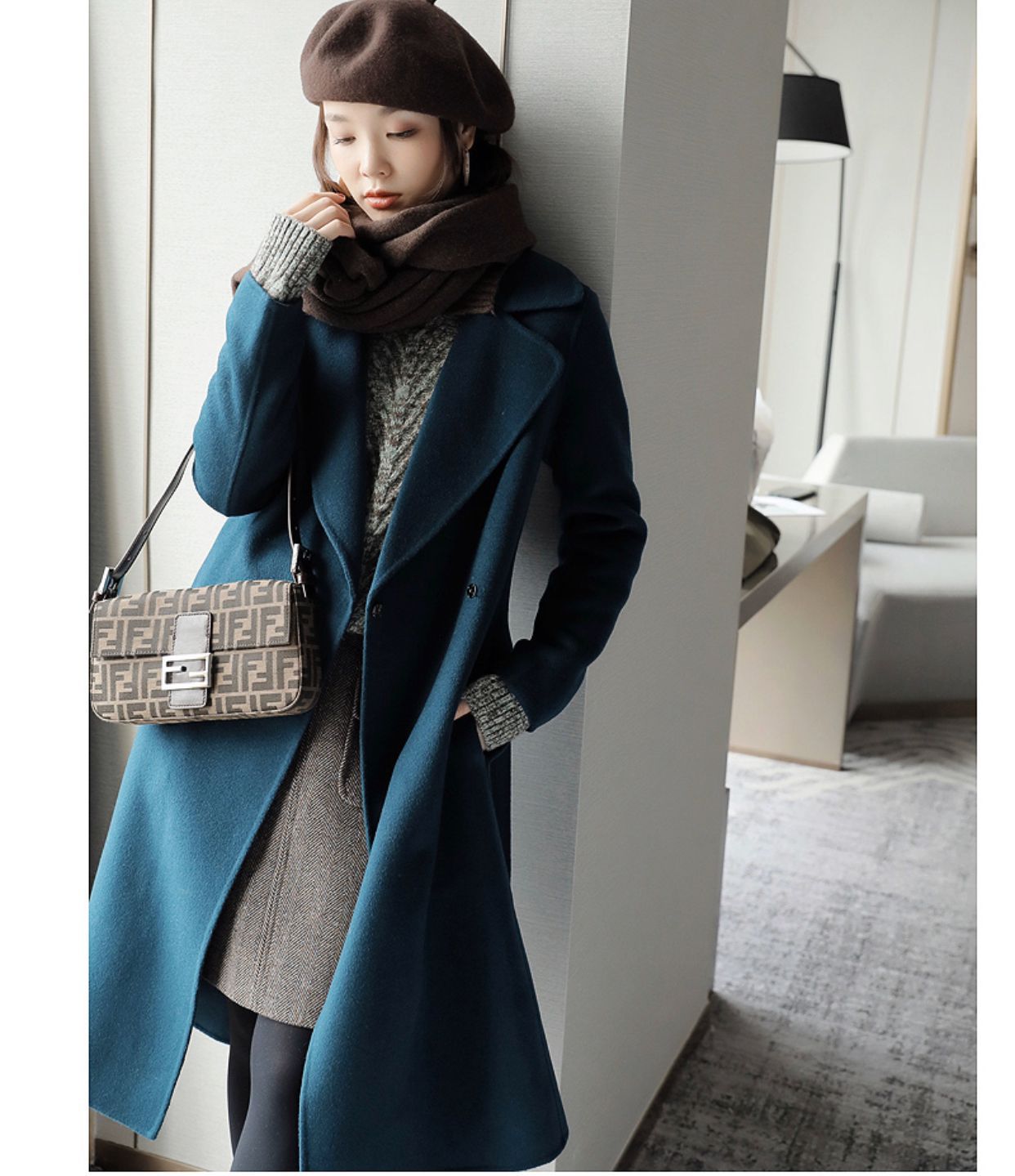 简约双排扣腰带手工双面呢显白显瘦修身孔雀绿羊毛大衣冬季新款