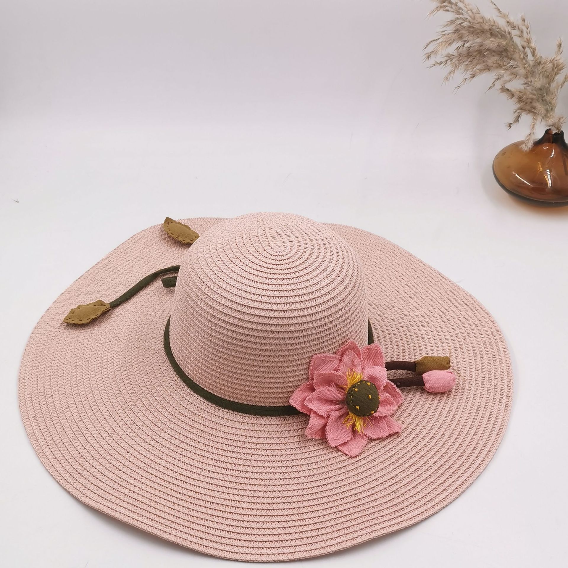 手工花装饰女士草帽韩版春夏海边沙滩户外防晒大沿帽折叠遮阳帽子