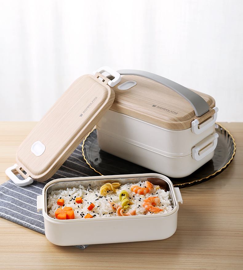 大学生食堂简约日式不锈钢饭盒双层带餐具便携可爱便当盒少女心