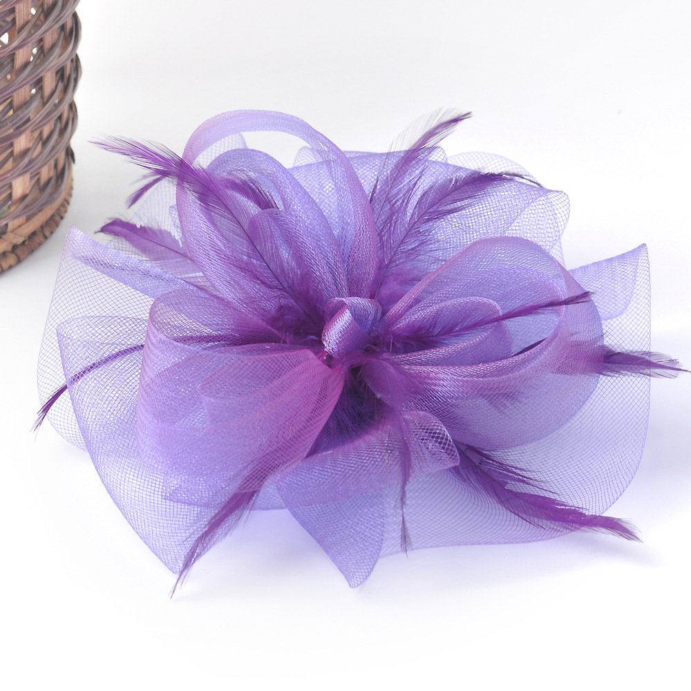 紫色欧美网纱羽毛发夹新娘婚纱礼服头饰派对舞会表演出发饰品批发