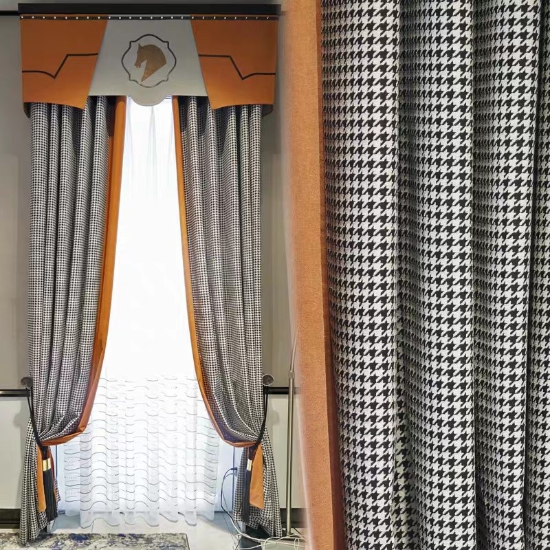 古典新中式千鸟格拼接雪尼尔遮光窗帘轻奢简约北欧风格书房客厅