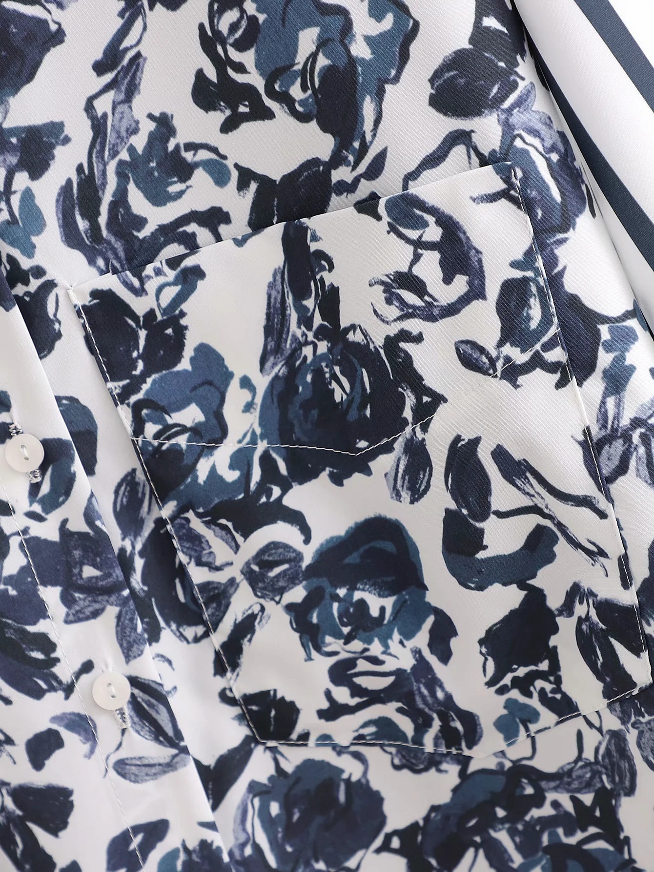 外贸府绸印花拼接衬衫女夏季翻领开衫气质通勤长袖单排扣蓝色女装