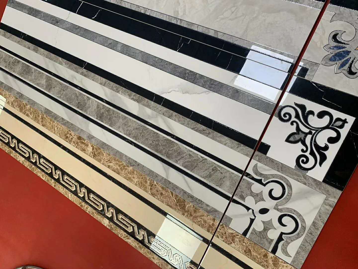 北欧灰色波导线客厅过道亮光波打线150*800 客厅拼花仿水刀钻石釉